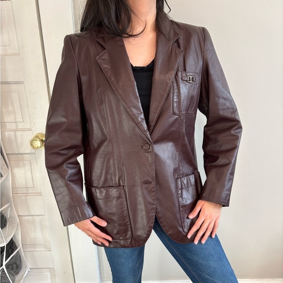 Vintage Genuine Leather Red Wine Women's Office Jacket Blazer -Size Medium/Large - Picture 3 of 14
